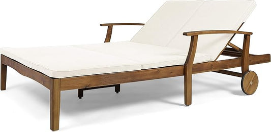 Great Deal Furniture Samantha Double Chaise Lounge for Yard and Patio, Acacia Wood Frame, Teak Finish with Cream Cushions, (307569)