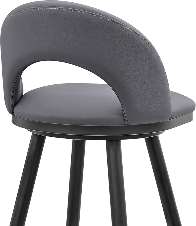 Armen Living Charlotte Swivel Bar Stool in Black Metal with Grey Faux Leather
