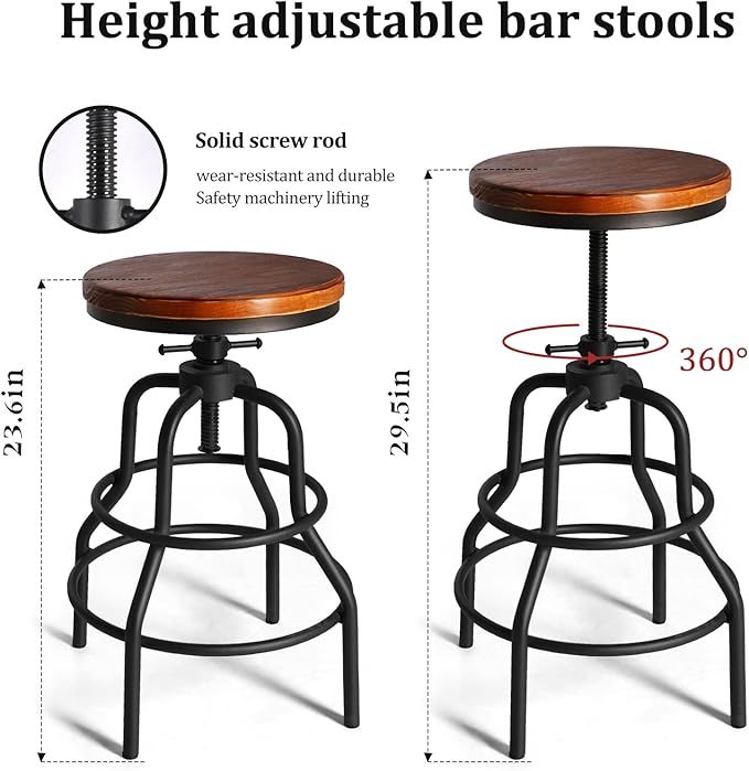 LOKKHAN Vintage Industrial Barstools - 13.8" Dia Round Wooden Brown Seat - Black Metal Base - Adjustable Height: 23.6"-29.5" / Minimalist Design/Raw Rustic Look/Rotating Top Bar Chairs, Set of 2