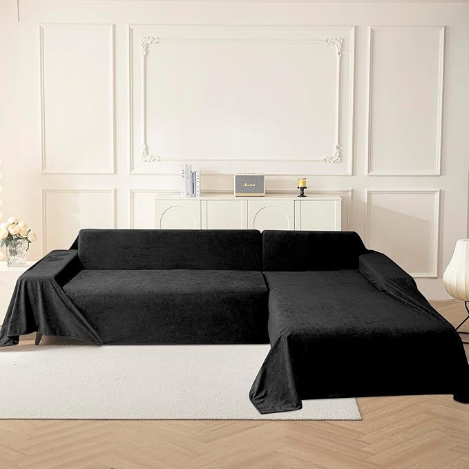 MYSKY HOME Black Couch Covers for Sectional Sofa, Couch Covers for Dogs Washable Couch Cover Blanket, Non Slip Sofa Slipcovers, Super Soft Sofa Towel for Kids, Pets, 91" x 134"