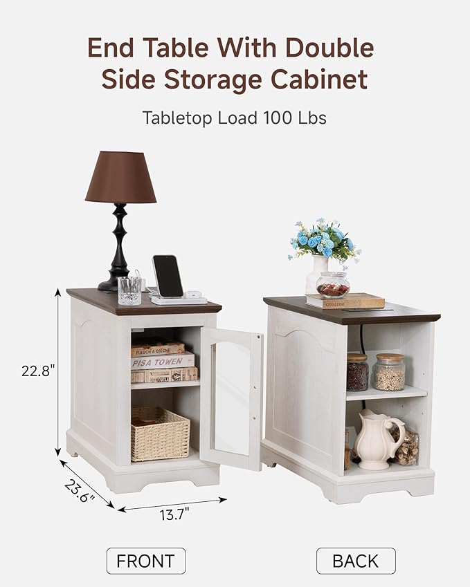 Narrow Side Table with Charging Station,13.8" W End Table with Storage for Sofa Couch or Bed Side with Outlets & USB Ports, Farmhouse Nightstand for Bedroom Livingroom (Glass,White & Walnut)