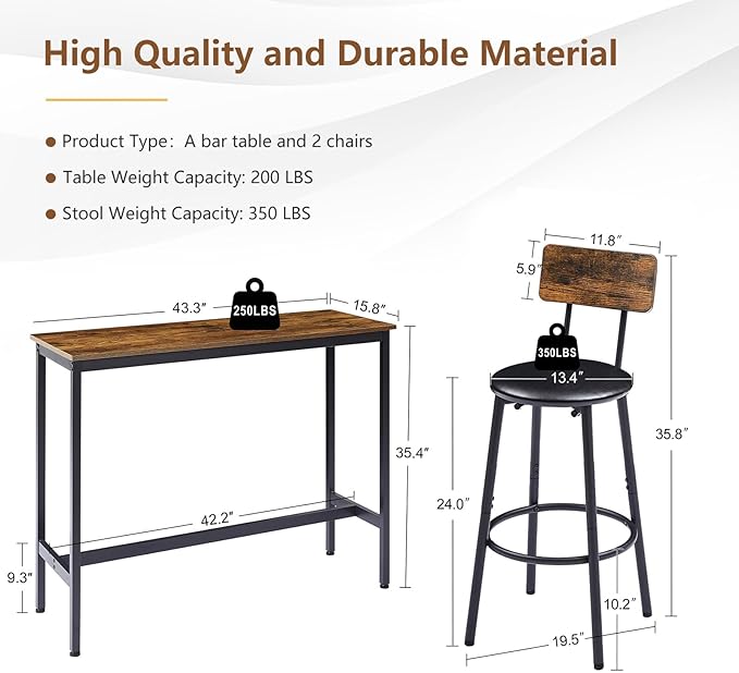 Tatub Bar Table with Stools Set of 2, Industrial 3 Piece Counter Height Small Dining Sofa Table and Chairs Set of 2, Brown