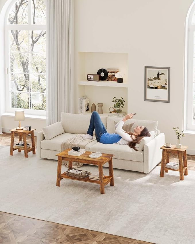 Garvee End Table, Set of 2, Side Table with 2-Tier Storage Shelf, Sofa Table for Small Space, Square Nightstand for Entryway, Farmhouse, Living Room, Easy Assembly, Rustic Brown