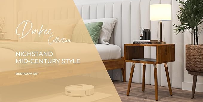 Bme Dinkee Solid Wood Nightstand, Fully Assembled, Without Drawer for Mid Century Bedroom and Living Room, Caramel