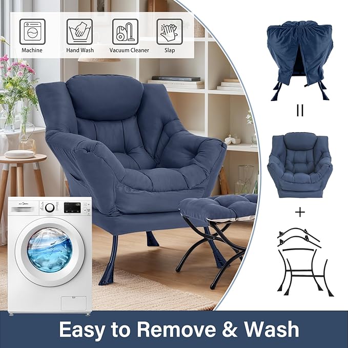 Lazy Chair with Ottoman, Large Modern Lounge Accent Chair with Armrests and Footrest, Reading Armchair with Ottoman, Leisure Sofa Chair for Living Room, Bedroom, Dorm Room, Office (Navy)