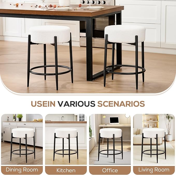 Modern Dining Chairs Set of 4, 23.6" White Round Backless Boucle Sherpa Upholstered Dining Chair with Solid Metal Legs for Kitchen, Living Room