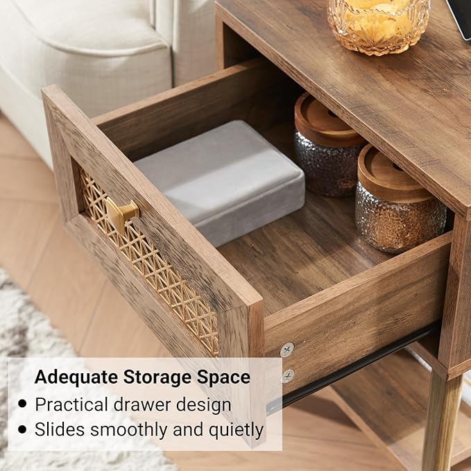 Boho Style Living Room Side Table, Wood End Table with Drawer and Shelf, Small Nightstand for Bedroom, Rustic Oak