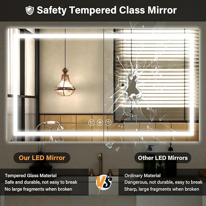 40"x 60"LED Bathroom Mirror, Backlit + Front Lit, LED Bathroom Mirror with Lights for Wall, 3 Colors, Anti-Fog, Dimmable Brightness, Memory Function, Tempered Glass
