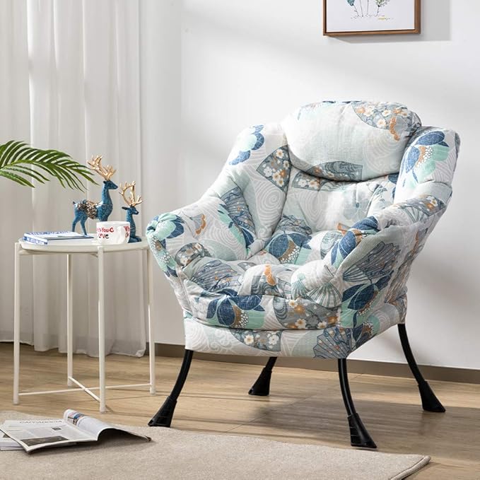 HollyHOME Modern Fabric Large Lazy Chair, Accent Oversized Comfy Reading Chair, Thick Padded Cozy Lounge Chair with Armrest, Steel Frame Leisure Sofa Chair for Living Room, Bedroom, Dorm, Fan Print