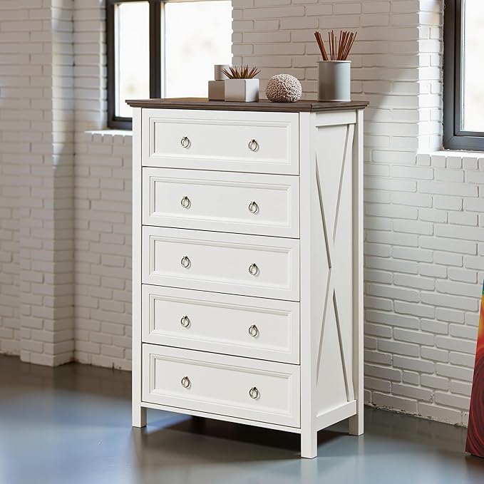 31.3" Farmhouse Sideboard Buffet Cabinet with Storage, Kitchen Buffet Storage Cabinet with 5 Drawers, Modern Wood Accent Sideboard for Living Room, Kitchen, Hallway(Ivory White)