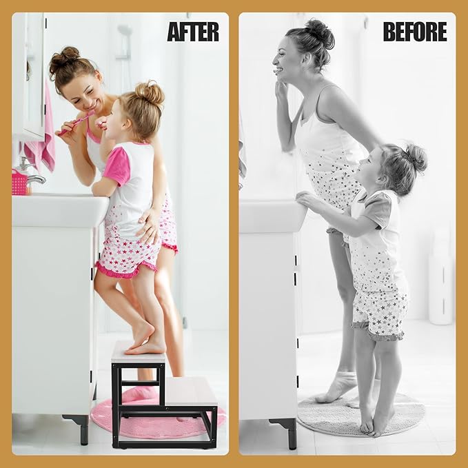 Wood and Metal 2 Step Stool for Adults & Kids – Heavy Duty Rustic Step Stools, 500 Lbs Capacity Non-Slip Stepping Stool for High Beds, Kitchen, Bathroom, Closet, Durable Foot Stool for Home Use,White