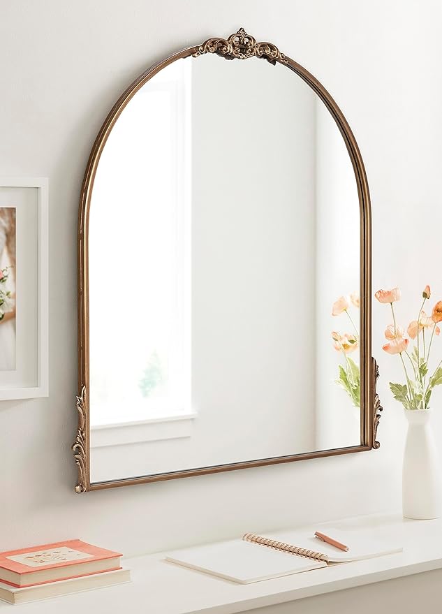 Kate and Laurel Myrcelle Traditional Arched Mirror; 30 x 32; Antique Gold; Decorative Large Vintage Arch Mirror with Ornate Garland Detailing Along The Crown and Edges of The Frame