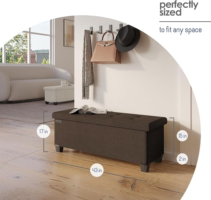 STORAGEBUD Storage Ottoman Bench with Bins, 43-in Storage Bench for Bedroom End of Bed, Folding Foot Rest Ottoman for Living Room Max 660lbs, Fabric Ottomans, Brown