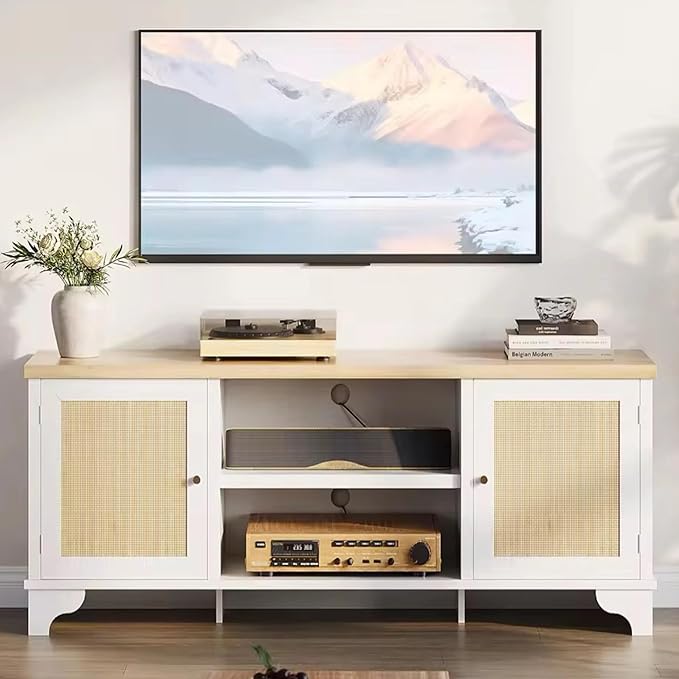 GarveeHome Rattan TV Stand for 70 Inch TV, Boho Entertainment Center with Cabinets & Open Shelves, Wooden Media Console Table for Living Room, White