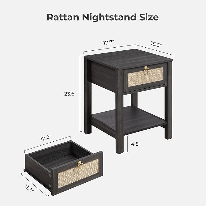 SICOTAS Rattan Nightstand, Rattan Decor Drawer with Brass Knobs Night Stand Bedside Table Boho End Tables Side Tables with Storage Shelf for Bedroom,Small Space