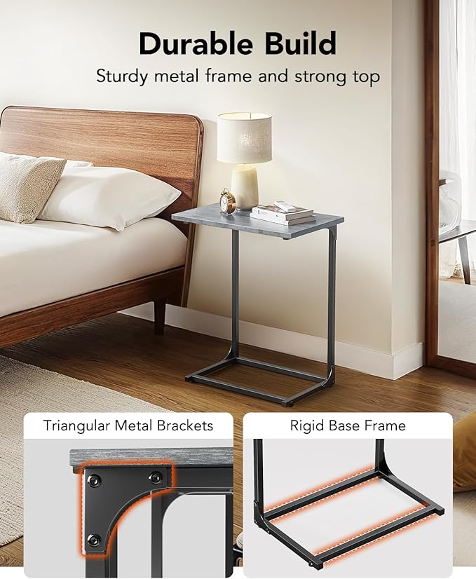 Pipishell C-Shaped Side Table, C-Table for Sofa, Couch Table with Metal Frame, Large Surface Sofa Table for Living Room, Bedroom, and Home Office, Rustic Design, PIET11G