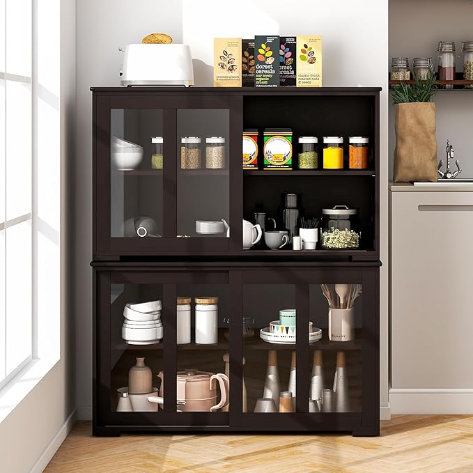 Costzon 2-Pack Wooden Kitchen Storage Cabinet with Adjustable Shelf, Sliding Glass Doors, Accent Coffee Bar Cabinet Console Table for Living Room, Dining Room, Hallway