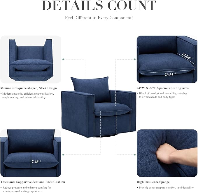COLAMY Swivel Accent Chair Set of 2, 34 Inches Wide Upholstered Arm Chair with Plump Back Pillow, Modern Sofa Living Room Chair for Bedroom, Corner, Reading Nook-Blue