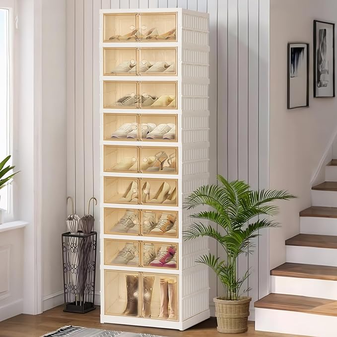 Foldable Shoe Organizer Storage Box, Portable Extra Large Folding Shoe Rack for Closet, Shoe Storage Box with Magnetic Transparent Door and Wheels, 9 Layers 18 Grids with 2 Big Grids