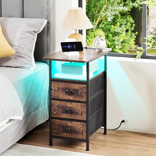 AMHANCIBLE Narrow End Table Living Room with Charging Station, Slim LED Nightstand with Fabric Drawers, Skinny Side Table for Bedroom, Small Spaces, Couch, Rustic Brown, HETN013LBR-1
