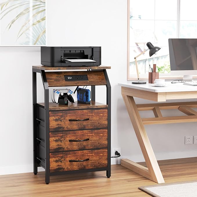End Table with Charging Station, Nightstand with LED Lights and 3 Drawers, Small Dresser with Fabric Storage, Retro Side Table for Bedside, Living Room Dorm, Rustic Brown