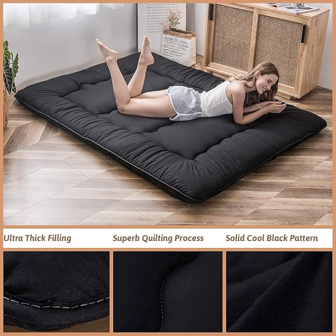 MAXYOYO Japanese Floor Mattress Futon Mattress, 4" Thicken Tatami Mat Sleeping Pad Foldable Roll Up Mat Boys Girls Dormitory Pad Kids Floor Lounger Pillow Bed, Black, King