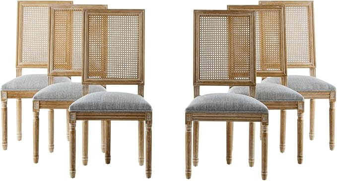 Merax Upholstered Solid Wood Dining Chairs Set of 6, French Country Style Accent Side Seating Furniture for Kitchen, Living Room, Wicker Back, Grayish Green