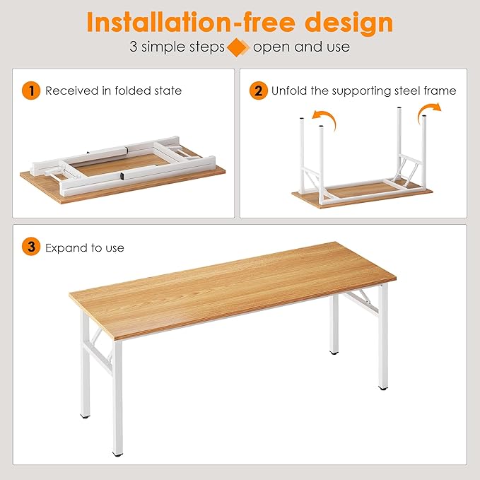 SDHYL 62 inches No Assembly Foldable Computer Desk for Home Office Workstation, Modern Large Folding Study and Writing Table with Metal Frame, Teak and White