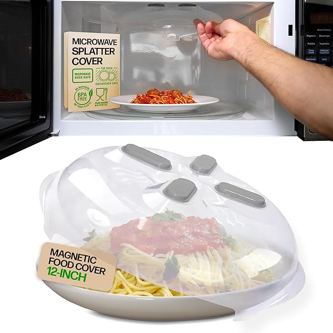 Magnetic Splatter Cover, 12-Inch Clear BPA-Free Food Lid, Vented Plate Guard with Steam Vents, Anti-Splash Microwave Lid, Dishwasher Safe, Space-Saving Magnetic Storage - Heather Gray