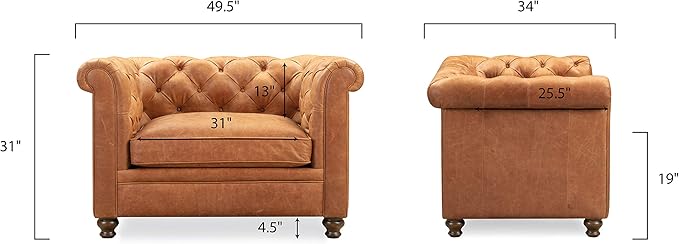 POLY & BARK Lyon Leather Lounge Chairs - Set of 2 - Cognac Tan Full-Grain Leather Upholstery – Modern Upholstered Accent Chair for Living Room or Bedroom – Indoor Lounge Seating with Lasting Comfort