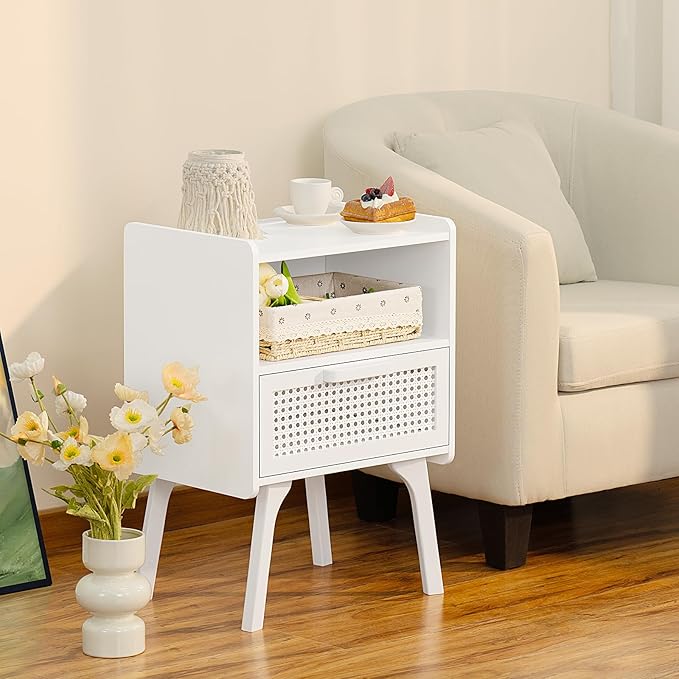 Lerliuo Rattan Nightstands set of 2 with Charging Station, Side Table with Drawer Open Shelf, Cane Accent Bedside End Table with Solid Wood Legs, Night Stand for Bedroom, Dorm and Small Spaces (White)
