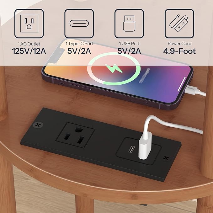 HOOBRO Small Round Side Table with Charging Station, 3-Tier Round Bamboo End Table, Compact Sofa Bedside Table for Small Space, Easy Assembly, for Living Room, Bedroom, Apartment, Walnut WL152UBZ01