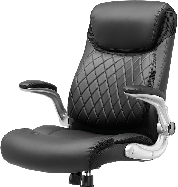 COMHOMA Big and Tall Office Chair, High Back Leather Executive Chair with Pocket Spring Lumbar Support and Flip-up Armrests, Swivel Managerial Office Chair with Adjustable Height， Black