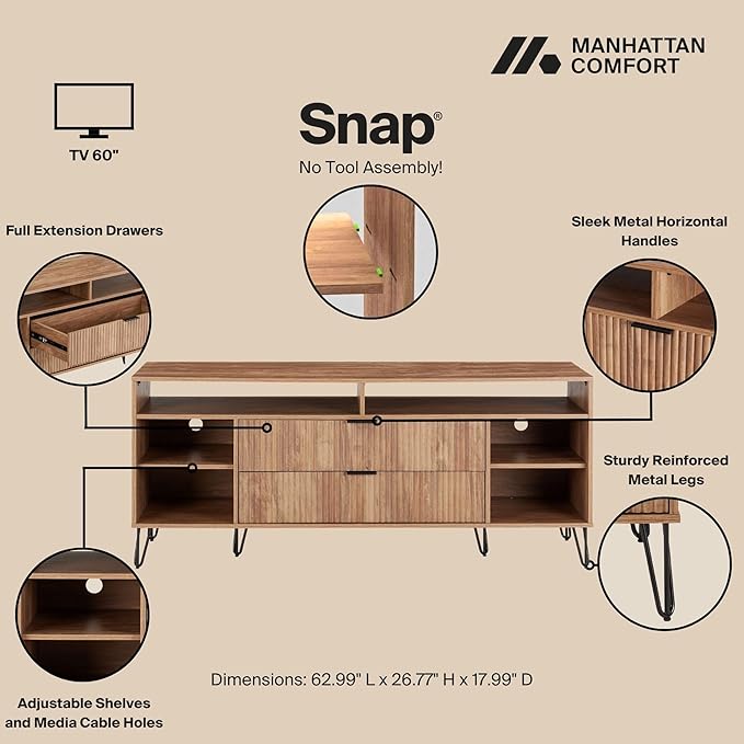 Manhattan Comfort Dumbo Mid Century Modern TV Stand for Televisions up to 60 Inches, Home Entertainment Center with Storage, 6 Shelves, 2 Drawers, No Tool Assembly, 63" Wide, Golden Brown