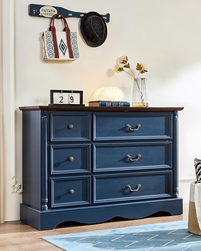Farmhouse 6 Drawers Dresser for Bedroom with Charging Station, Wood Country Rustic Storage Dressers Organizer, Vintage Design