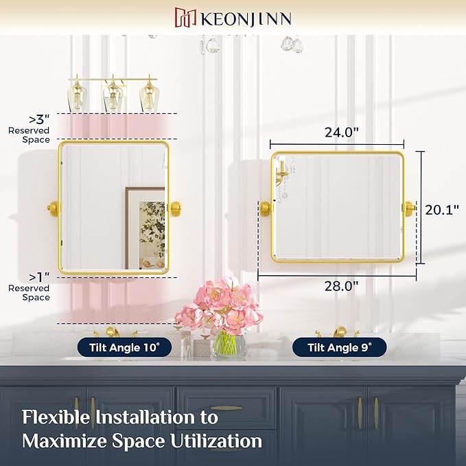 Keonjinn Gold Pivot Mirror Bathroom, 20x24 In Beveled Tilt Mirror Bathroom, Brushed Gold Modern Rectangular Metal Framed Mirrors, Rounded Corner Rectangular Vanity Mirrors for Wall,Horizontal/Vertical