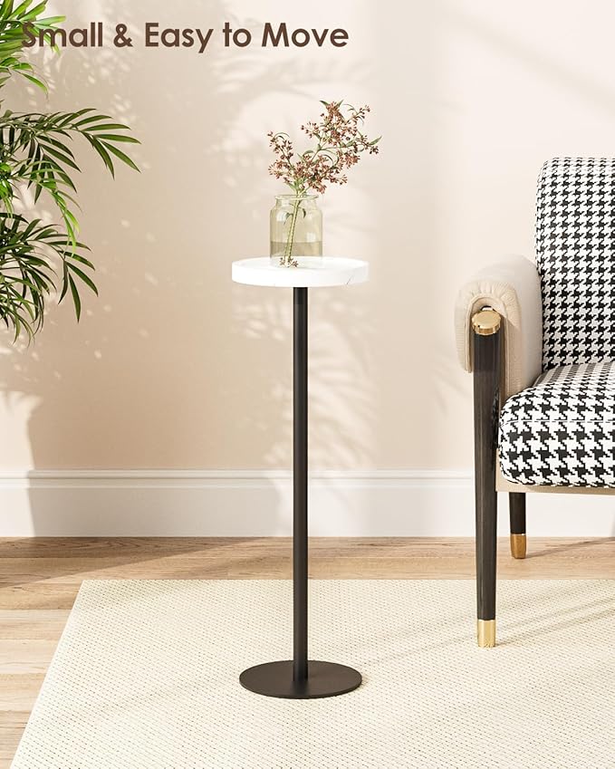 Drink Table, Small Pedestal Side Table, Round Cocktail Table, Circle Accent End Table with Metal Base, for Small Spaces (1, White Marble)