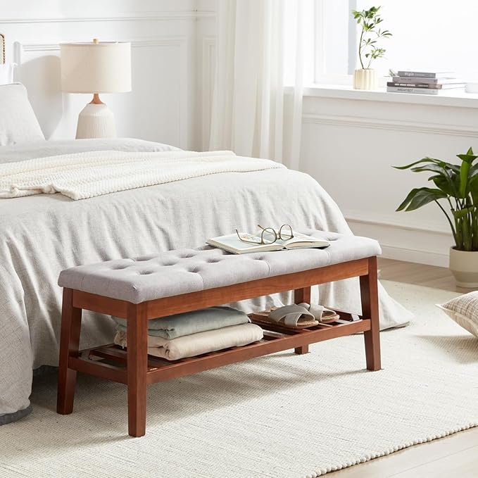 Upholstered Shoe Bench Entryway Bench for Bedroom, End of Bed, Ottoman Bench Tufted Padded Seat with Solid Wood Shelf for Living Room, Linen Ash Gray