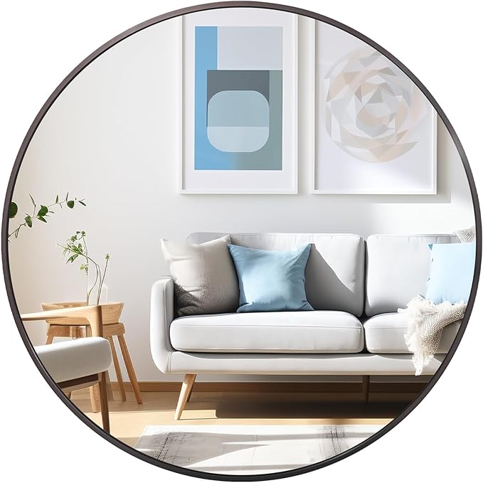 24 inch Round Titanium Mirror Wall Decor, Brushed Dark Grey Metal Framed Circle Mirror for Bathroom Vanity, Bedroom Decor, Living Room, Entryway