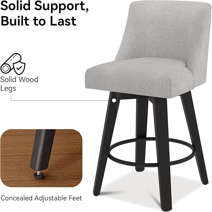 Counter Height Swivel Bar Stools Set of 2, 26 Inch Bar Stools with Footrest, Linen Fabric Upholstered Barstools with Back and Solid Wood Legs for Kitchen Island, Dining Room,Pub,Light Grey