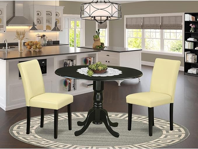 East West Furniture DLAB3-BLK-73 3 Piece Kitchen Table Set Contains a Round Dining Table with Dropleaf and 2 Eggnog Faux Leather Parson Dining Room Chairs, 42x42 Inch, Black