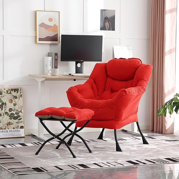 Lazy Chair with Ottoman, Modern Accent Chair Contemporary Lounge Leisure Sofa Chair with Armrests, Reading Chair and Folding Footstool Set for Living Room, Bedroom, Office, Red