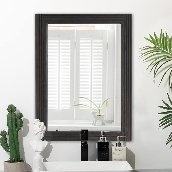YOSHOOT Hand-Made Wooden Spliced Wall Mirror for Bathroom, Rustic Farmhouse Vanity Mirror, Décor Wall Art, Solid Wood Frame, Vertical or Horizontal Hanging