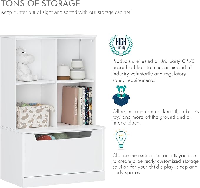 UTEX Kids Bookshelf and Toy Storage Organizer, Toddlers Bookcase with Cubbies, Adjustable Wood Shelf with Drawer for Bedroom, Playroom, Nursery, White