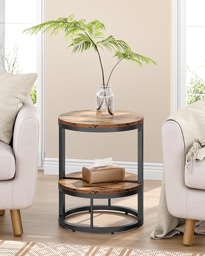 LITTLE TREE 2-Tier End Table Half Round with Storage Shelf, Small Side Table Space Saving Narrow Accent Table for Living Room Sofa Couch, Bedroom, Rustic Brown