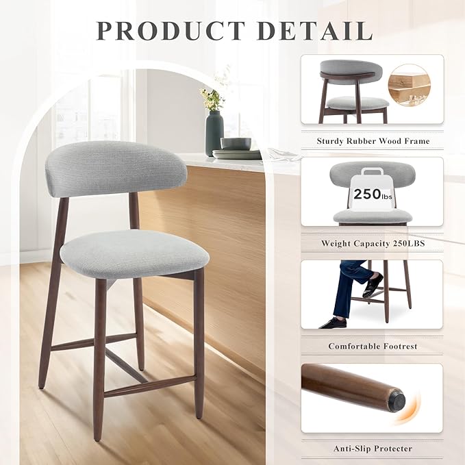 COLAMY Bar Stools Set of 2, Counter Height Bar Stools, Upholstered Counter Stools with Wood Legs for Kitchen Island Dining Room Bar, Light Grey