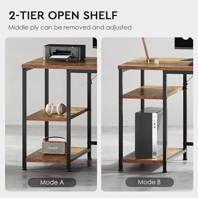Ｍａｉｈａｉｌ 59" Computer Desk with 3 Fabric Drawers and Wooden Shelves for Home Office, Study, Bedroom, Work-from-Home Games & Desk, Rustic Brown