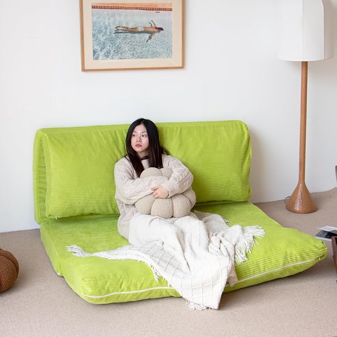 N&V L92×W58 Inch Large Folding Matress Sofa Bean Bag, Foam Filling Folding Matress Sofa, Includes Removable and Machine Washable Cover Patent No.: US D1,018,079 S (Lime, Large Corduoy), 94024