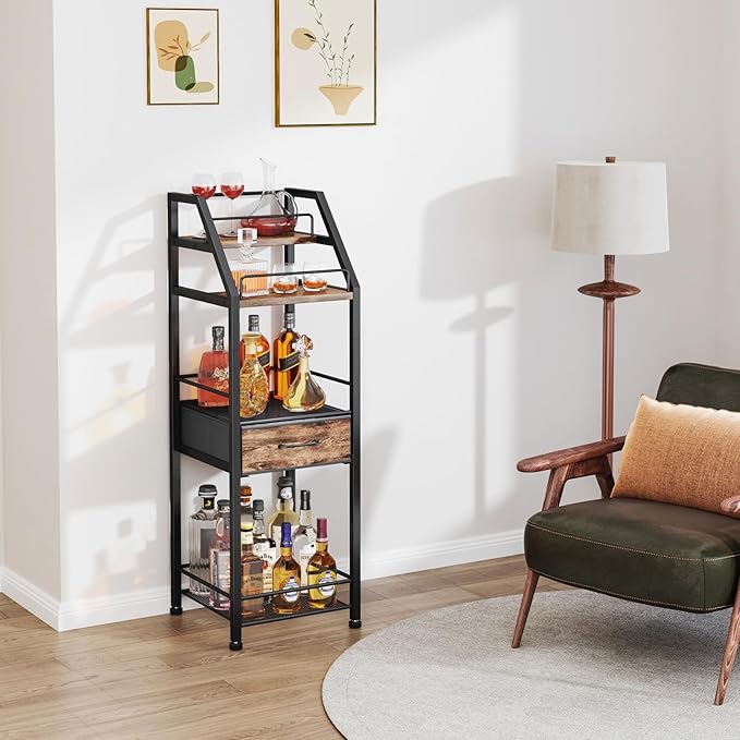 HapiRm Wine Rack Freestanding Floor - 4-Tier Stepped Liquor Cabinet Bar Stand for Home with Fabric Drawer, Wine & Glass Organizer for Living Room, Kitchen, or Dining Room