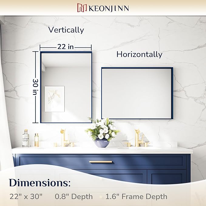 Keonjinn Blue Bathroom Mirror 22 x 30 in, Metal Framed Rectangular Wall Mirror, Square Corner, Modern Farmhouse, Rectangle Navy Blue Mirrors for Bathroom Sink(Horizontal/Vertical)